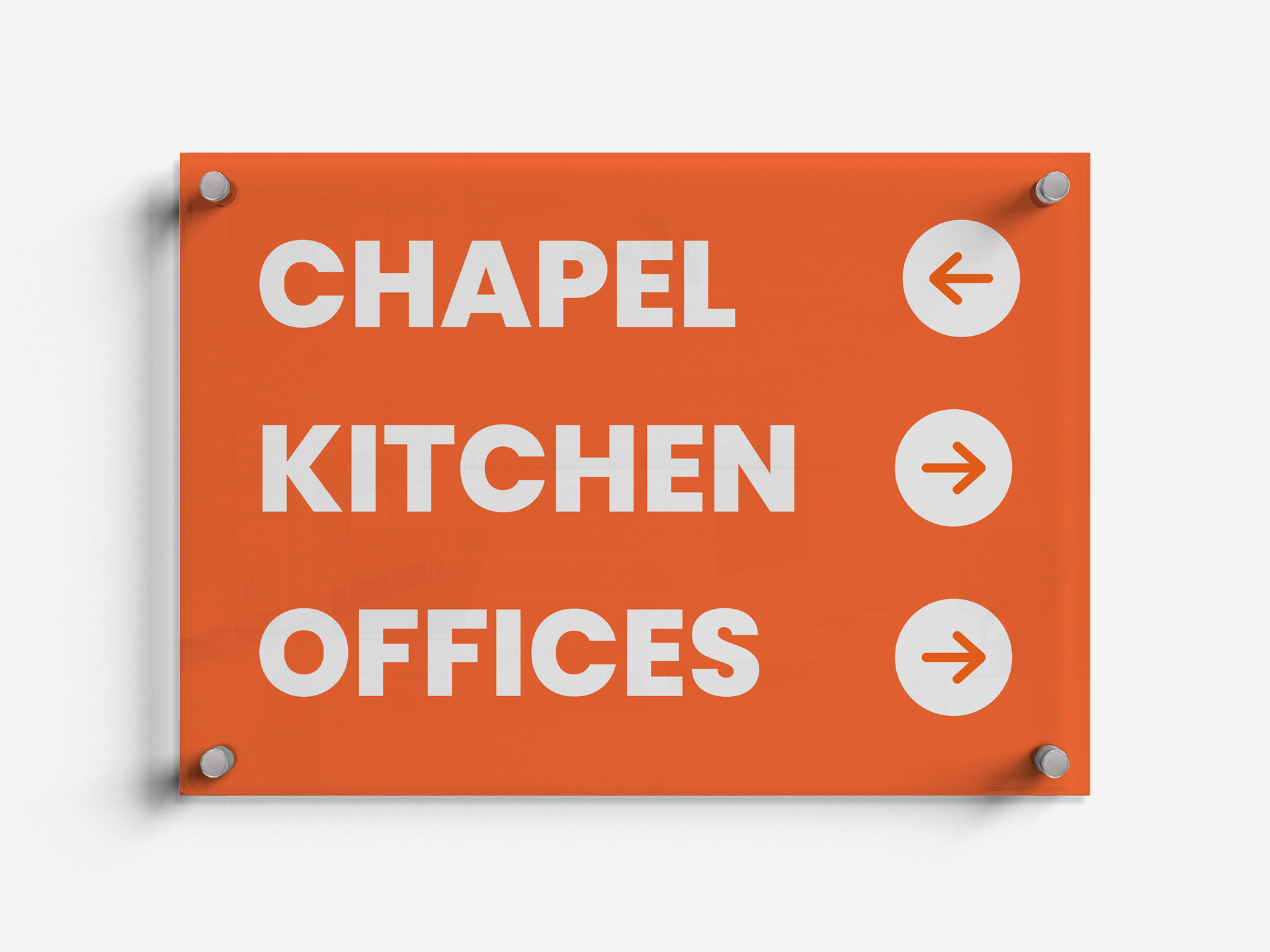 Wayfinding acrylic directional sign in orange directing to different church areas.