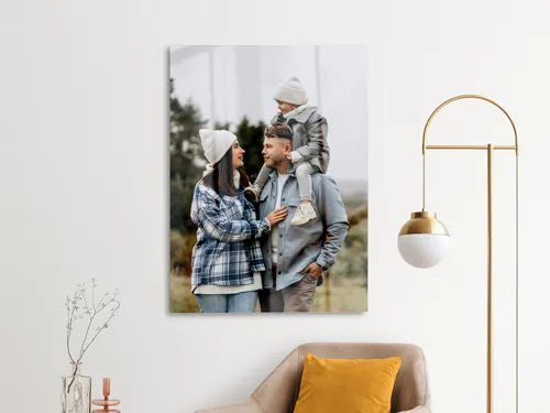 Family-themed acrylic photo print for home decor featuring a happy family of three.