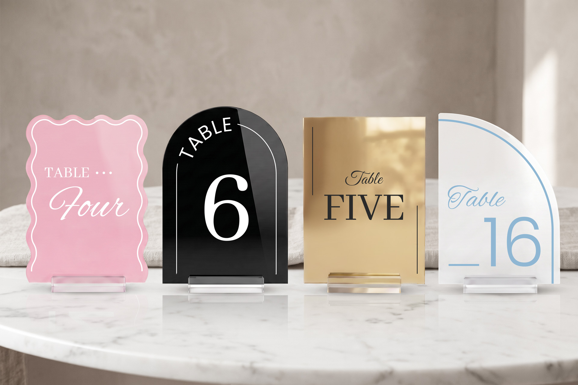 Wavy-edge shape, round, rectangle and arch shape acrylic table numbers