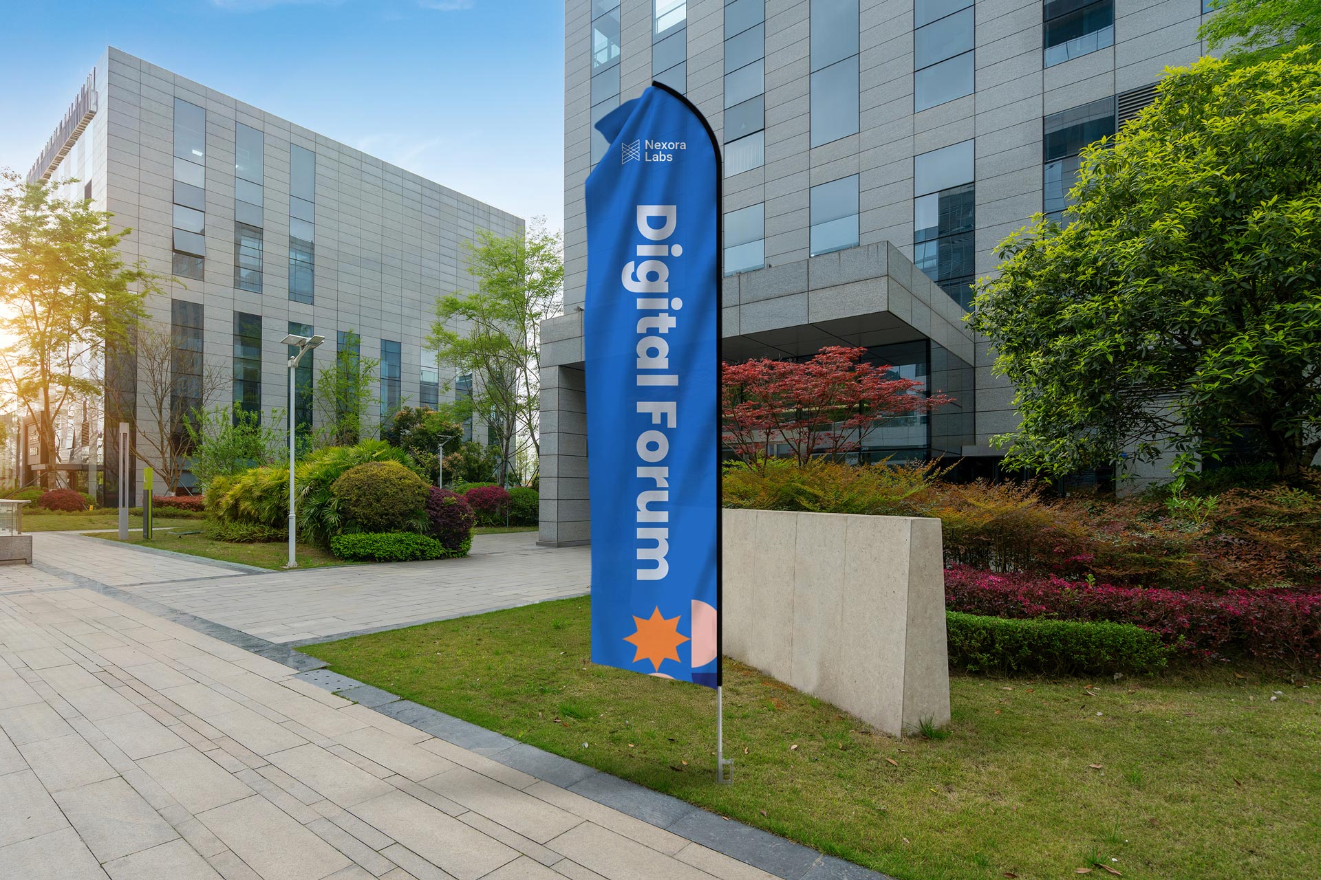 blue-econo-feather-flag-with-event-branding-displayed-outdoors