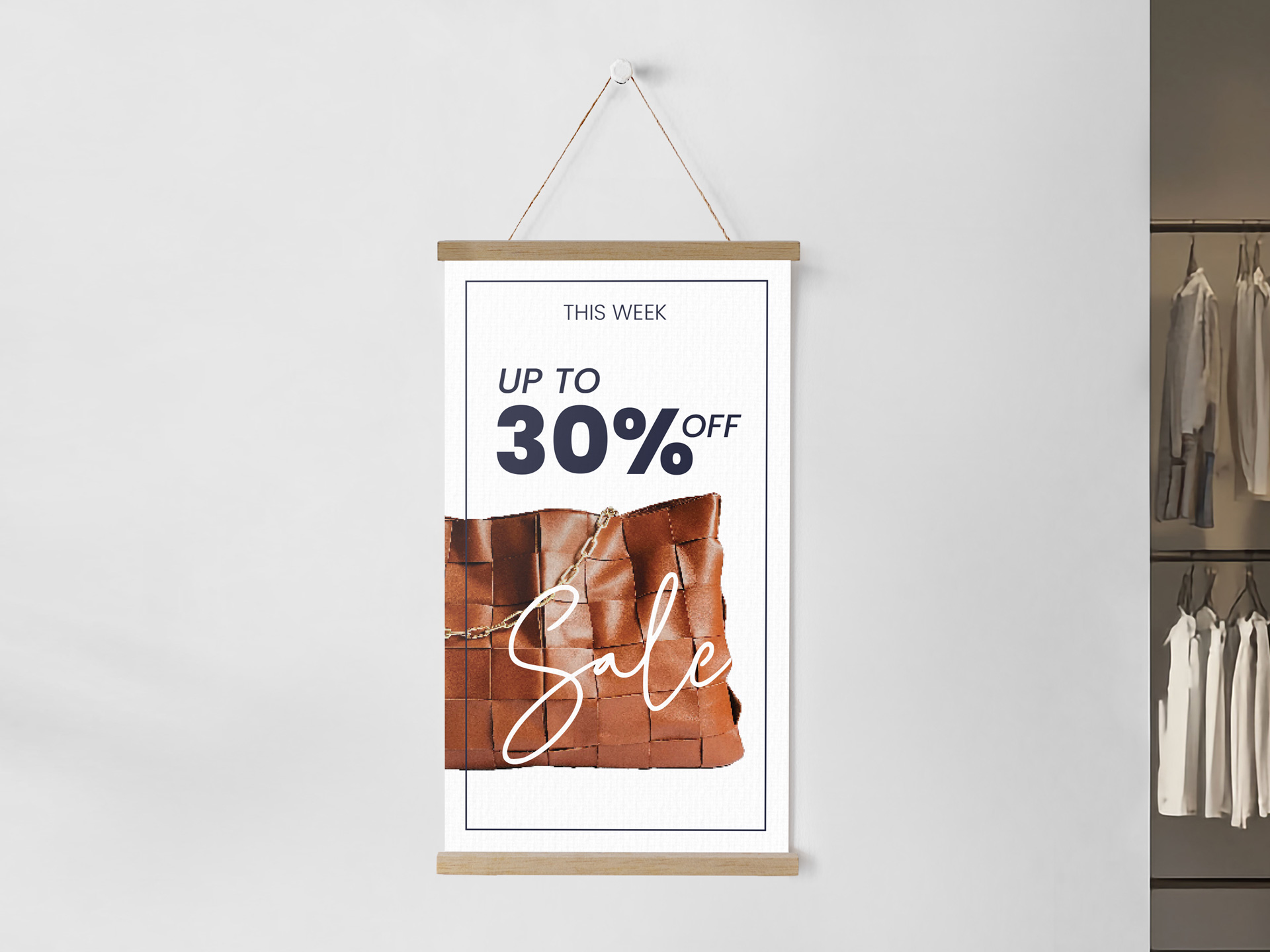 An advertising magnetic wood frame hanger displays sales up to 30% off