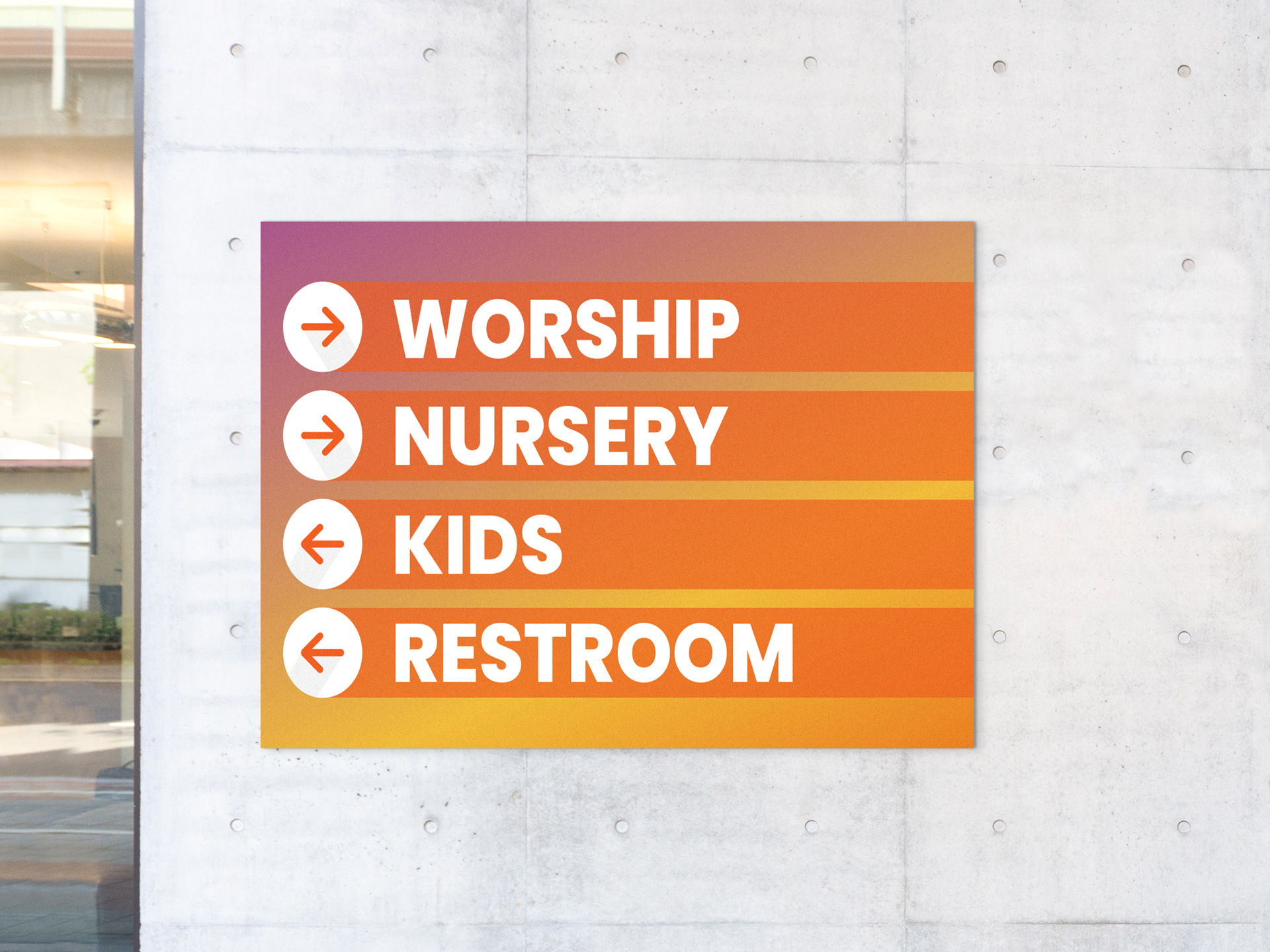 Wayfinding aluminum church sign with navigational arrows pointing to different directions.