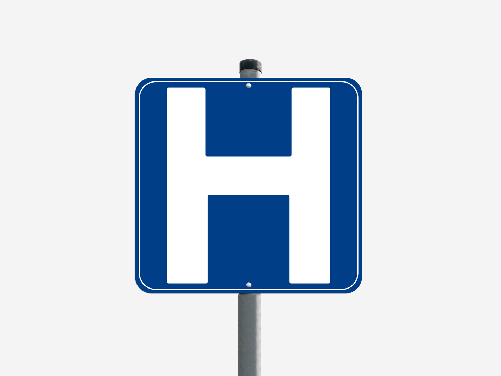 Hospital wayfinding aluminum sign with H symbol for healthcare facility navigation.