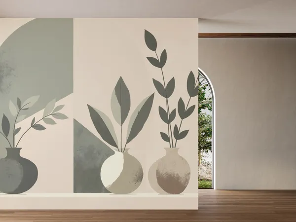 Artistic wall decals of potted plants adhered to a wall inside a home.