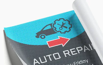 Mesh material exterior banner for auto repair with an arrow to the right