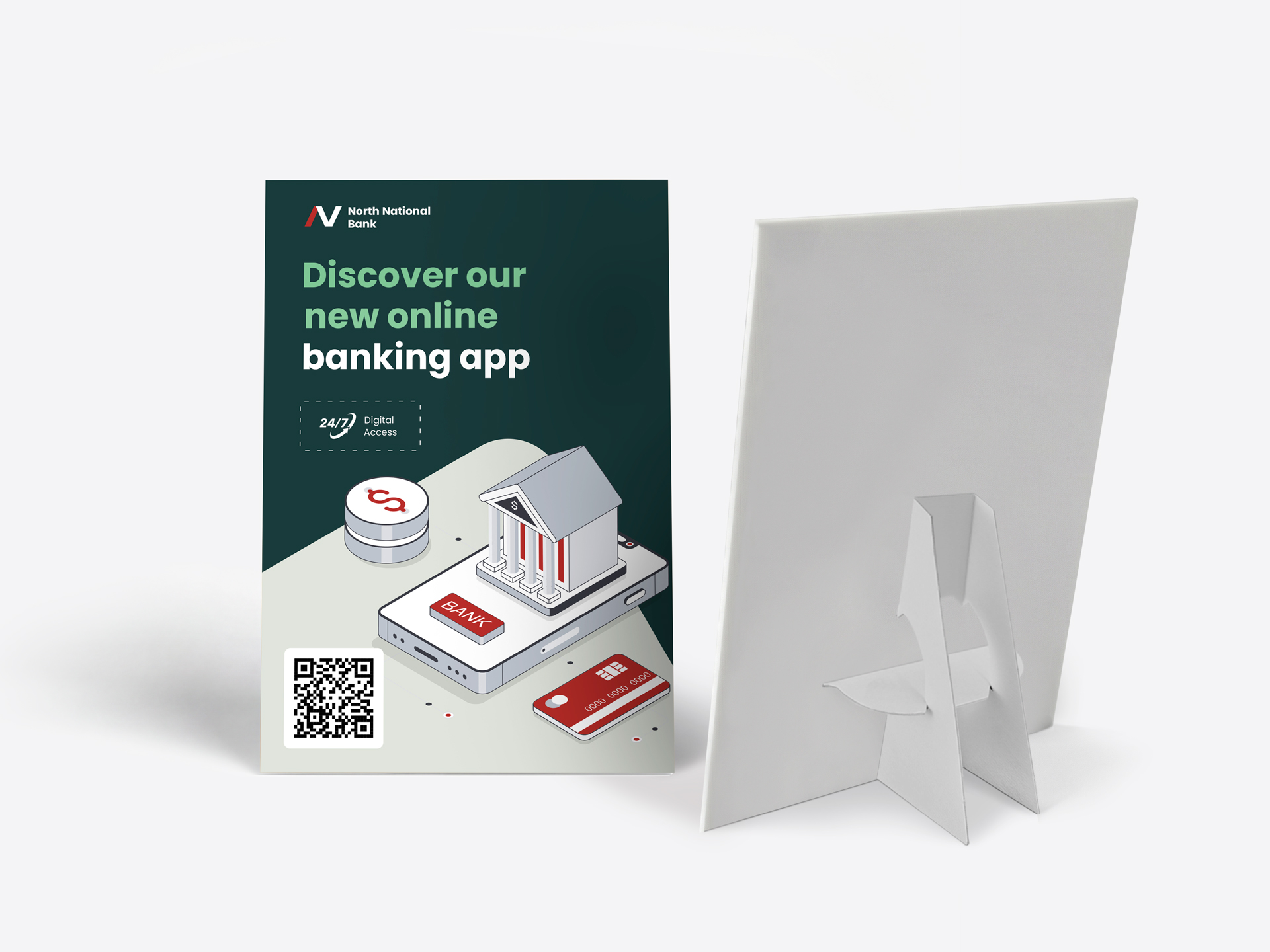 Two counter cards shown with a banking app ad on the front and an easel back on the back.