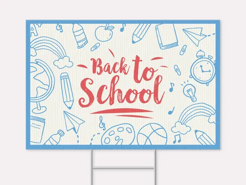 Clear back to school sign with educational doodle illustrations.
