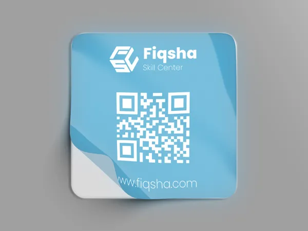 Blue square backlit decal with a logo, QR code, and website URL.