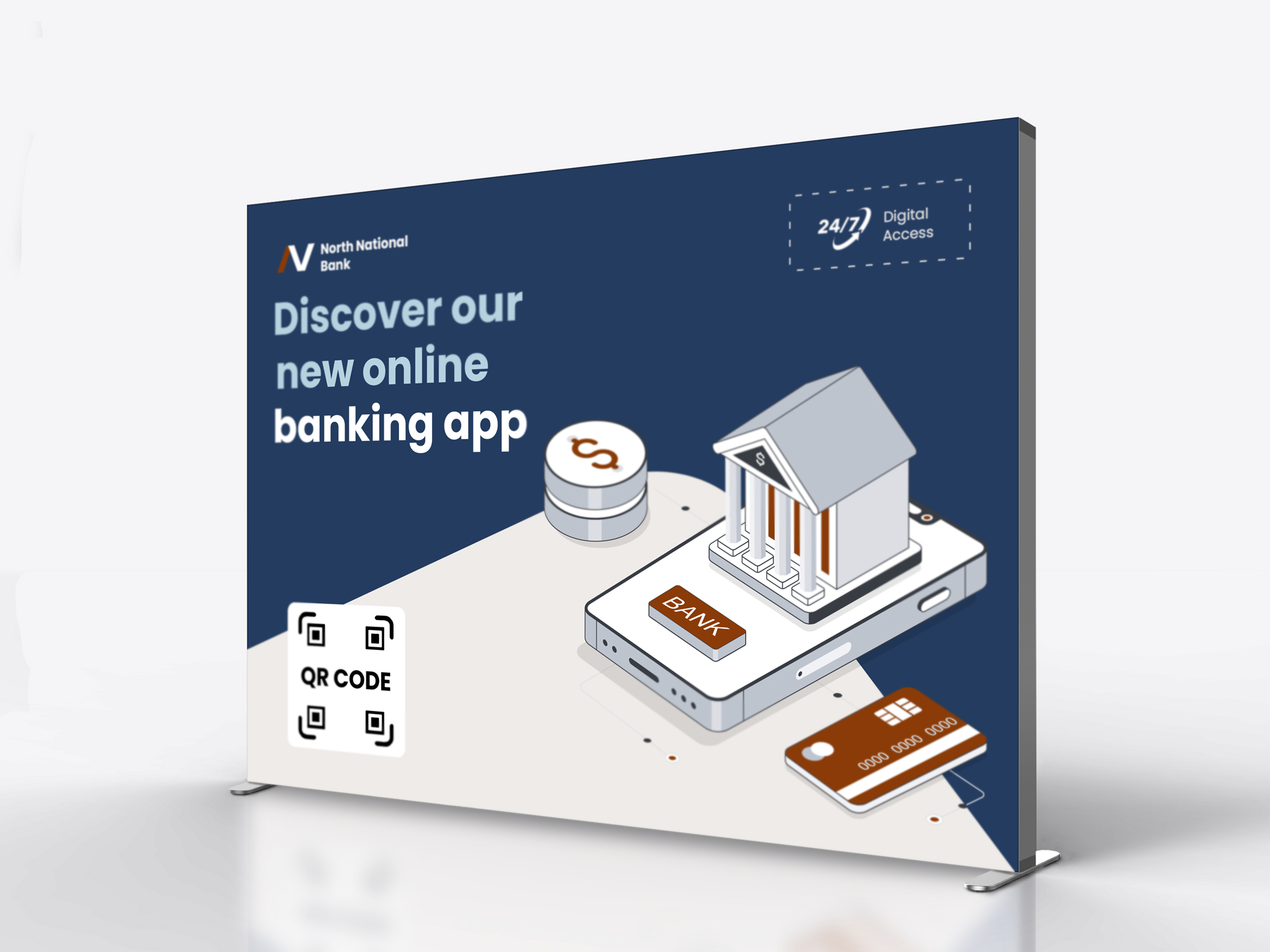 A backlit SEG display for a finance sector urging to discover a new banking app.