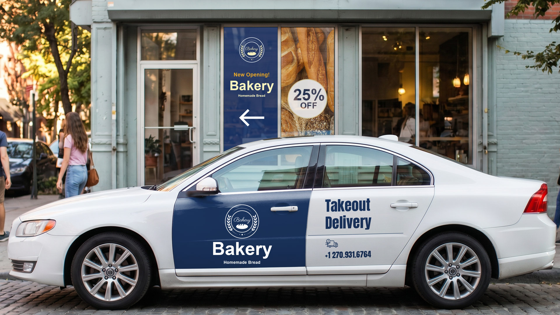 Bakery Takeout Delivery car and window decals with directional arrow and sale text