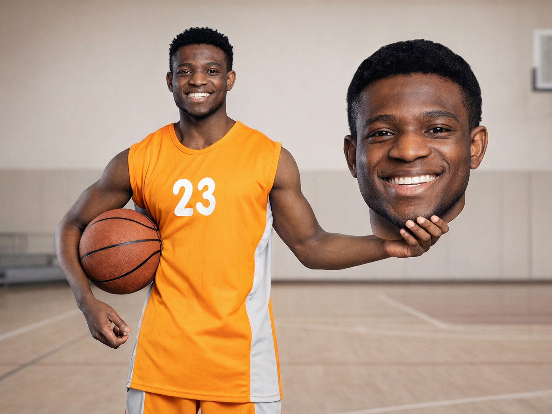 athlete holding big head cutout