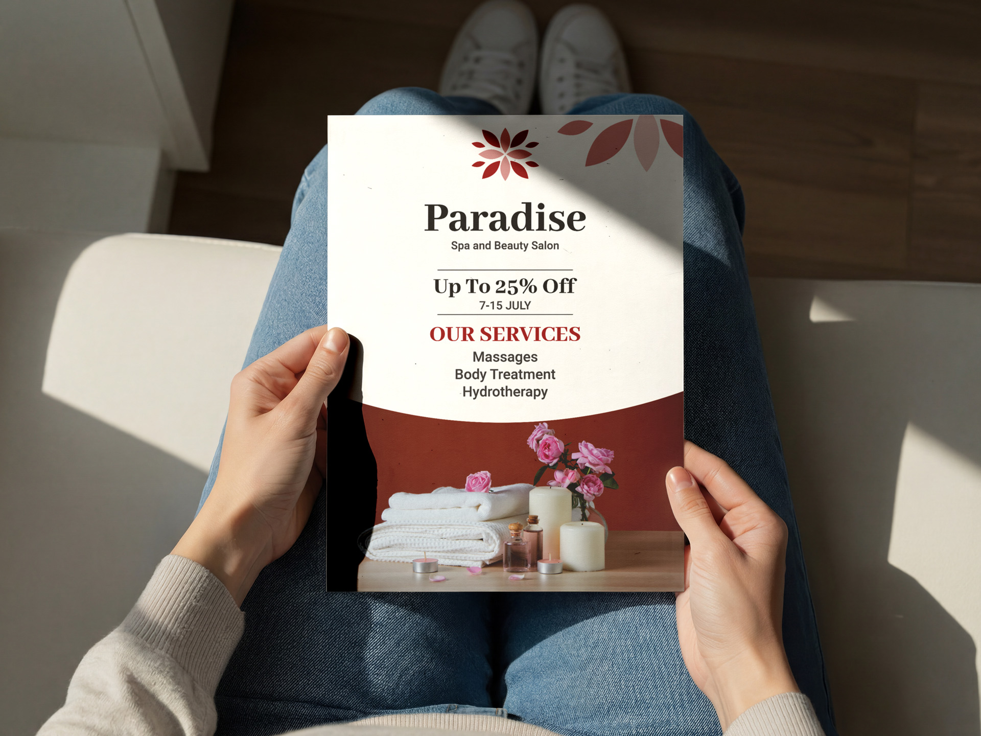 Advertisement flyer for a spa and beauty salon with a promotional message
