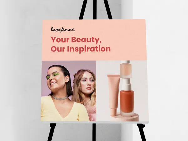 Custom foam board signs promoting beauty products.
