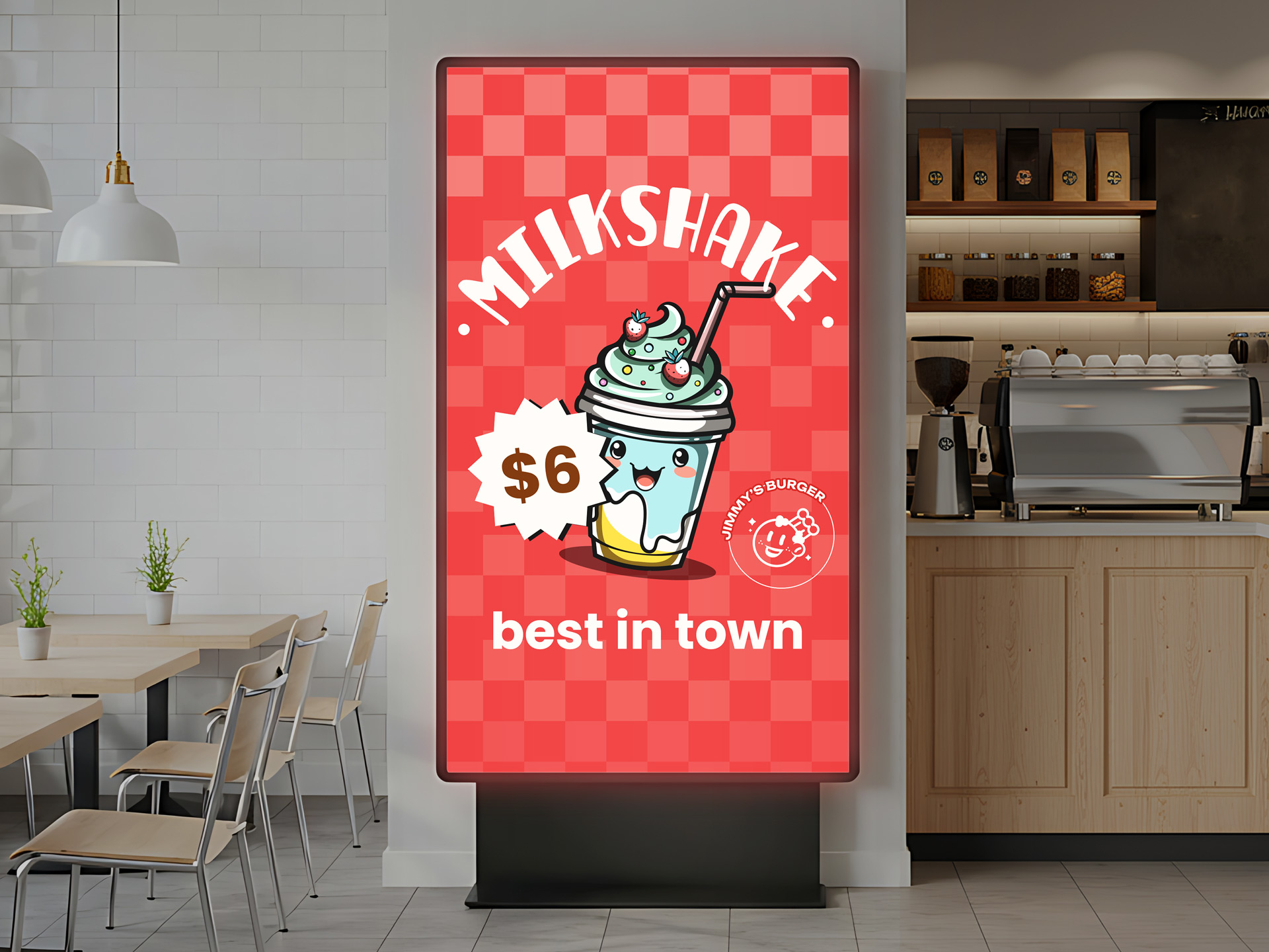 Vibrant backlit decal advertising milkshake and its price