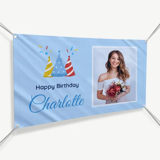 Fabric outdoor banner for birthday celebration with an image of a girl