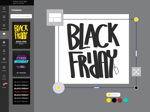A design tool image showing Black Friday text creation with template sidebar and tools.