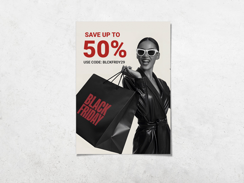 Black Friday yard sign featuring stylish shopper with shopping bag, save up to 50% with code.