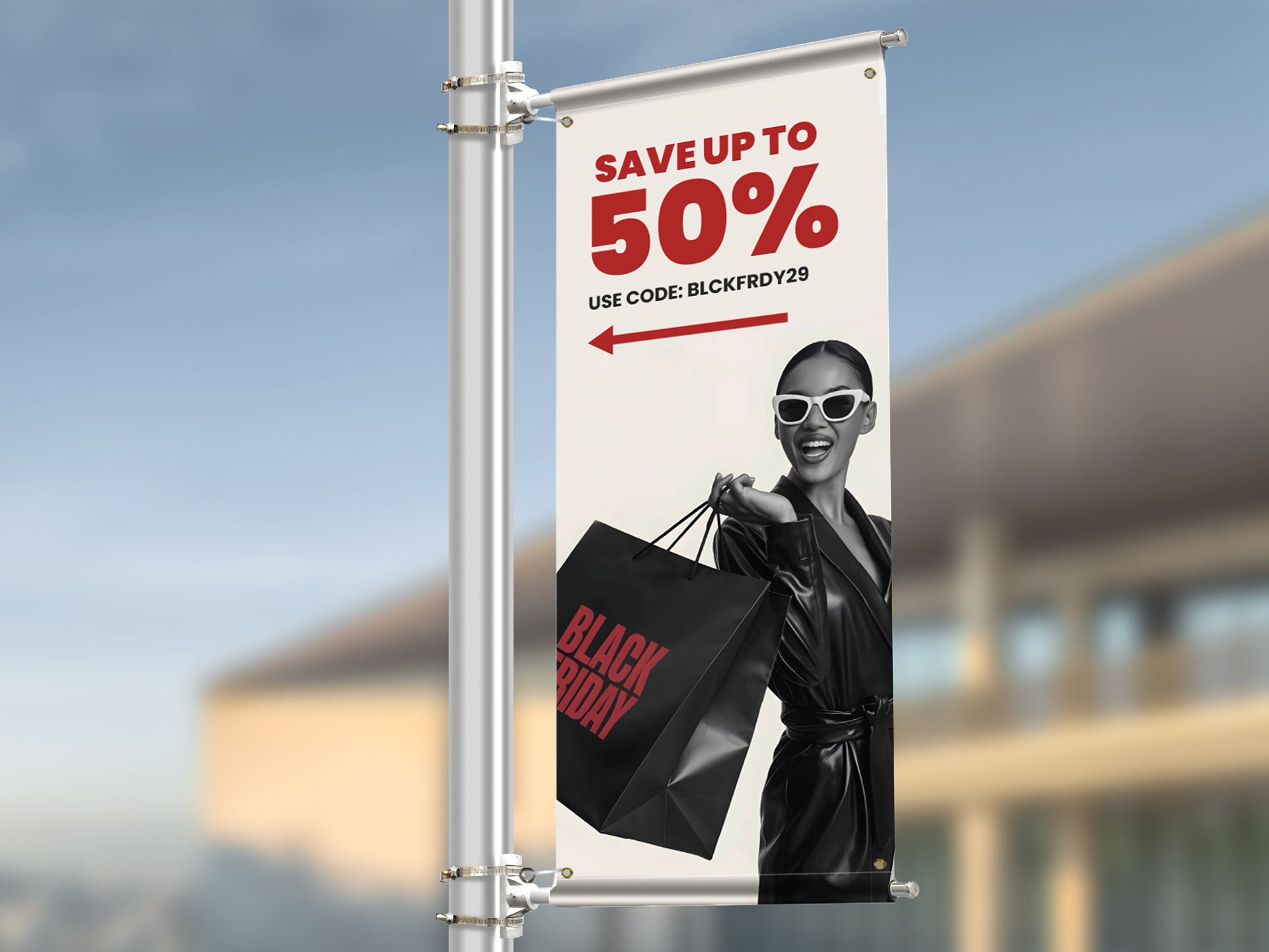 Black Friday pole banner promoting sale up to 50 percent off