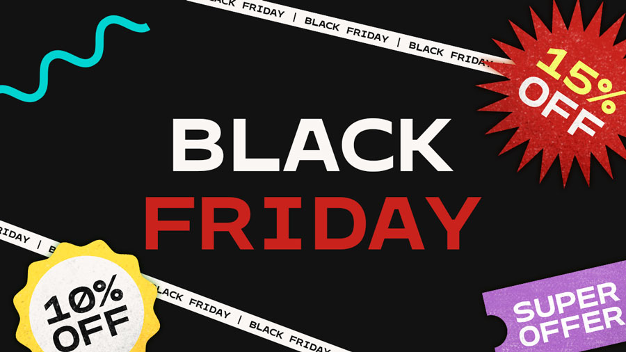 Black Friday sale sign with colorful discount badges showing 75% off and super offer deals.