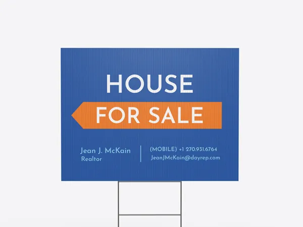 Blue and orange House for Sale yard sign with an H-stake base.
