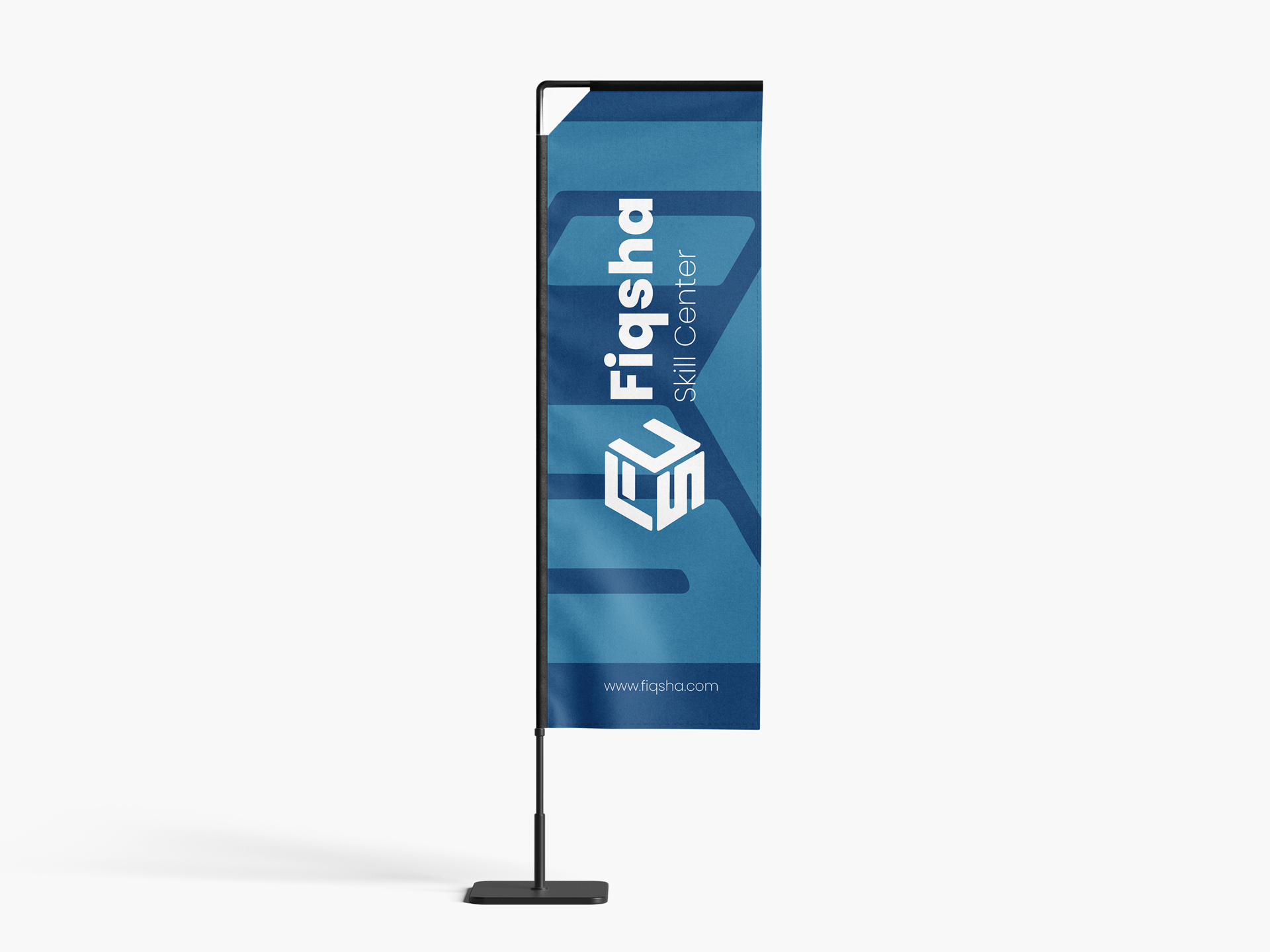 Professional rectangle flag in blue with brand name and logo