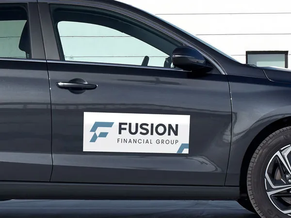 Custom car decals promoting a financial group.