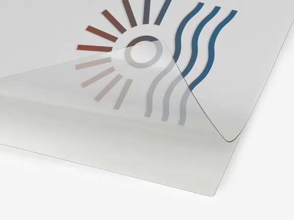 A clear custom vinyl decal used for branding.