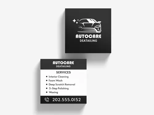 Auto detailing business cards with company branding in black and white