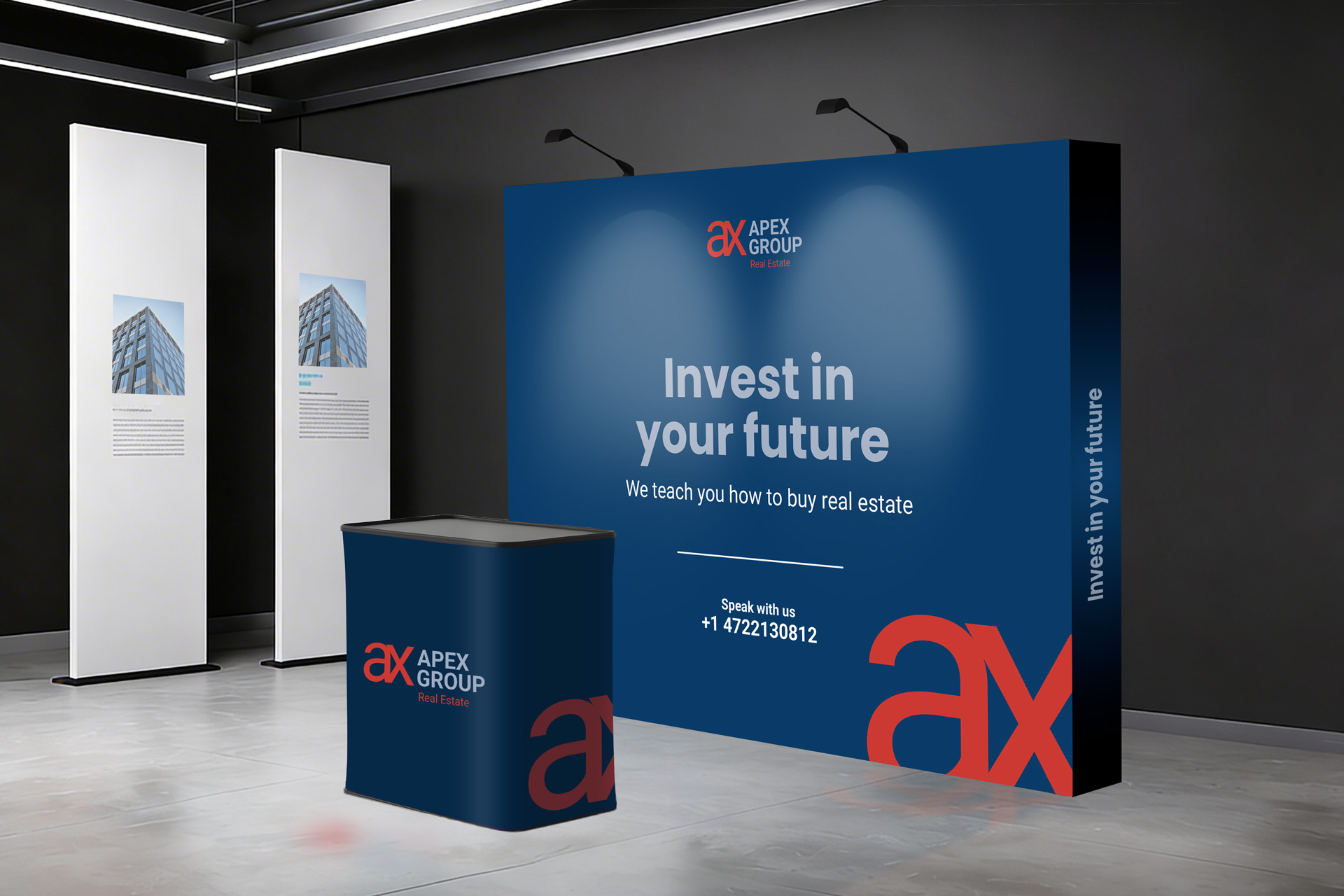 Investment company branding pop up display and podium
