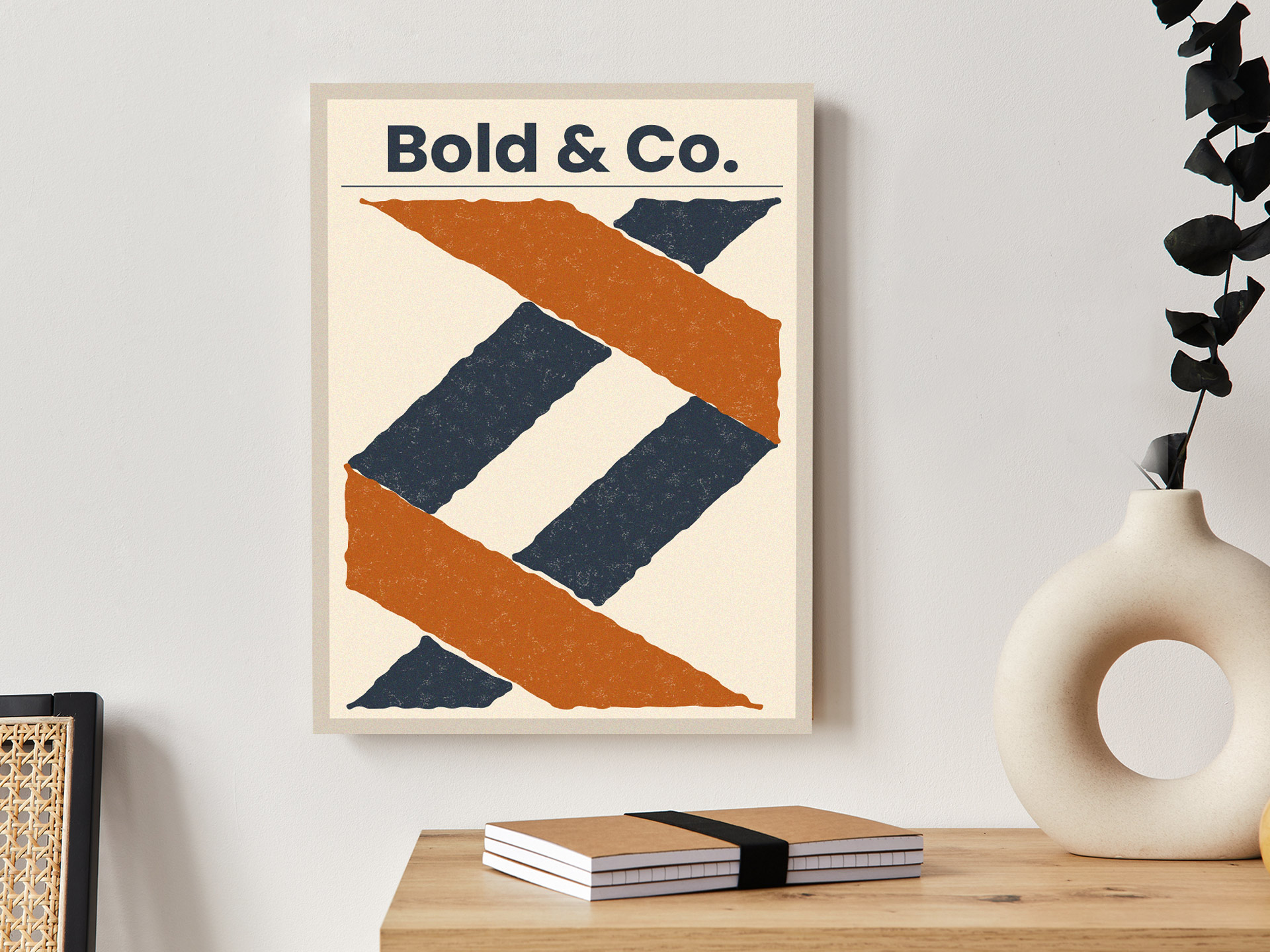 A blue, white, and orange office branding poster