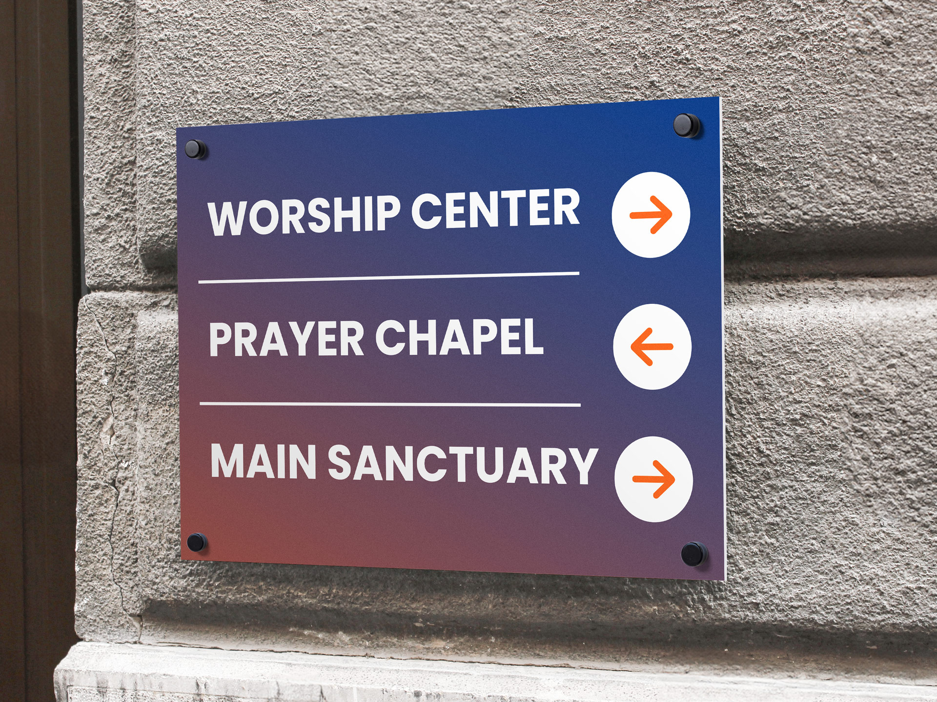 Brushed aluminum church sign template displaying guiding to different church centers.