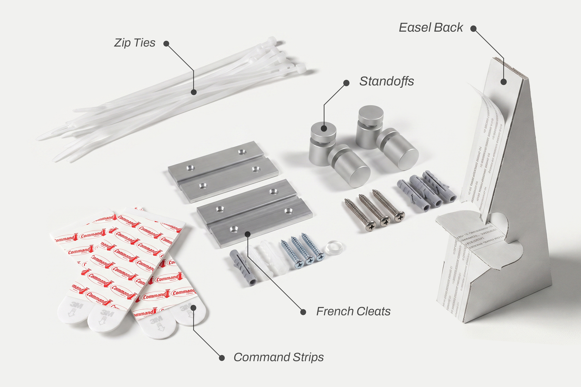 Installation accessories used for custom-printed brushed aluminum signs.