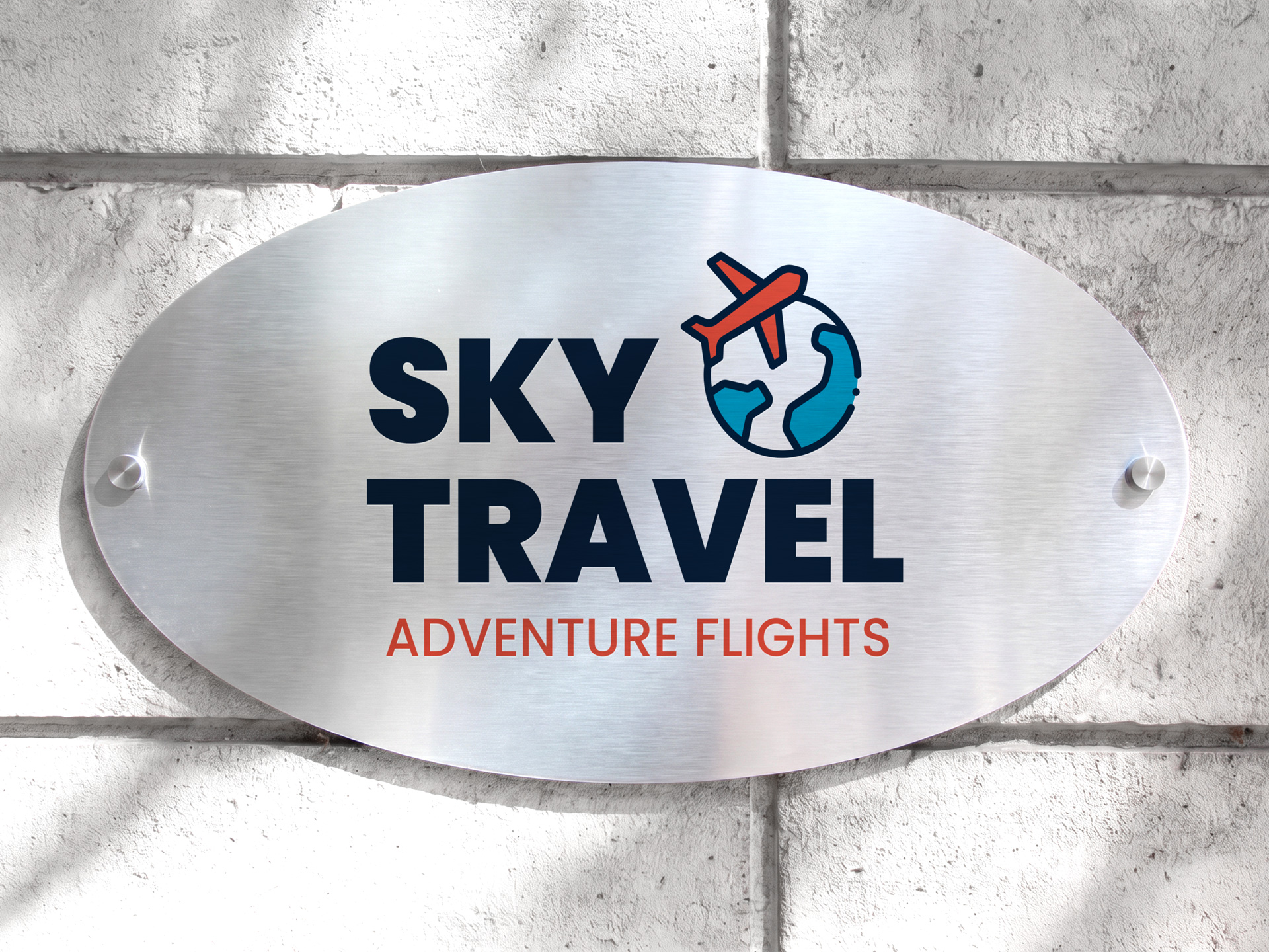 Brushed aluminum logo sign printed for a travel company branding.