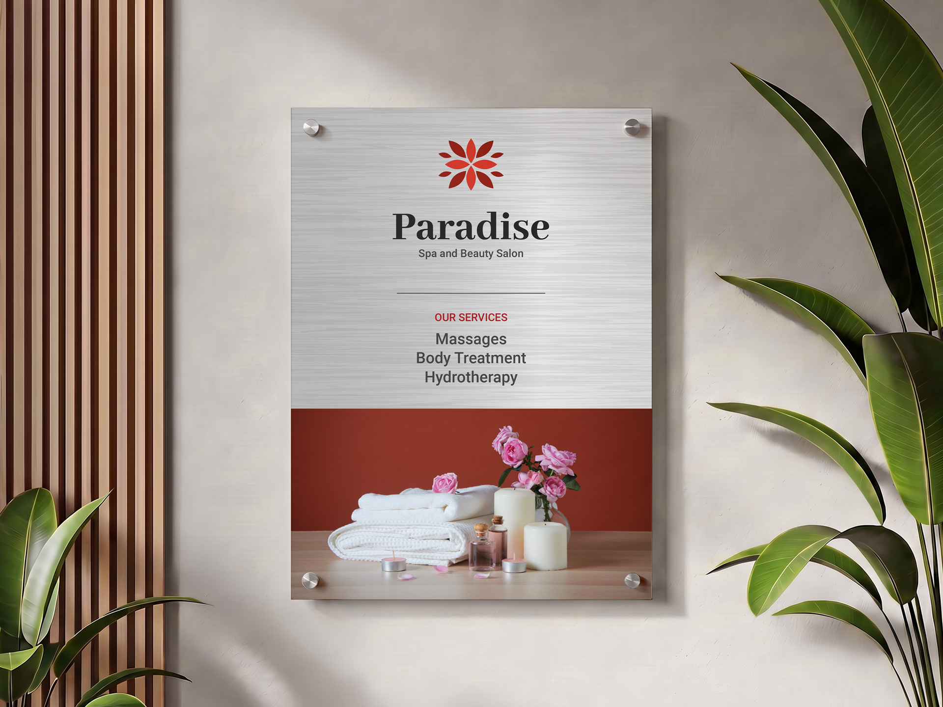 Custom brushed aluminum sign installed in a lobby with a spa and beauty salon branding and services.