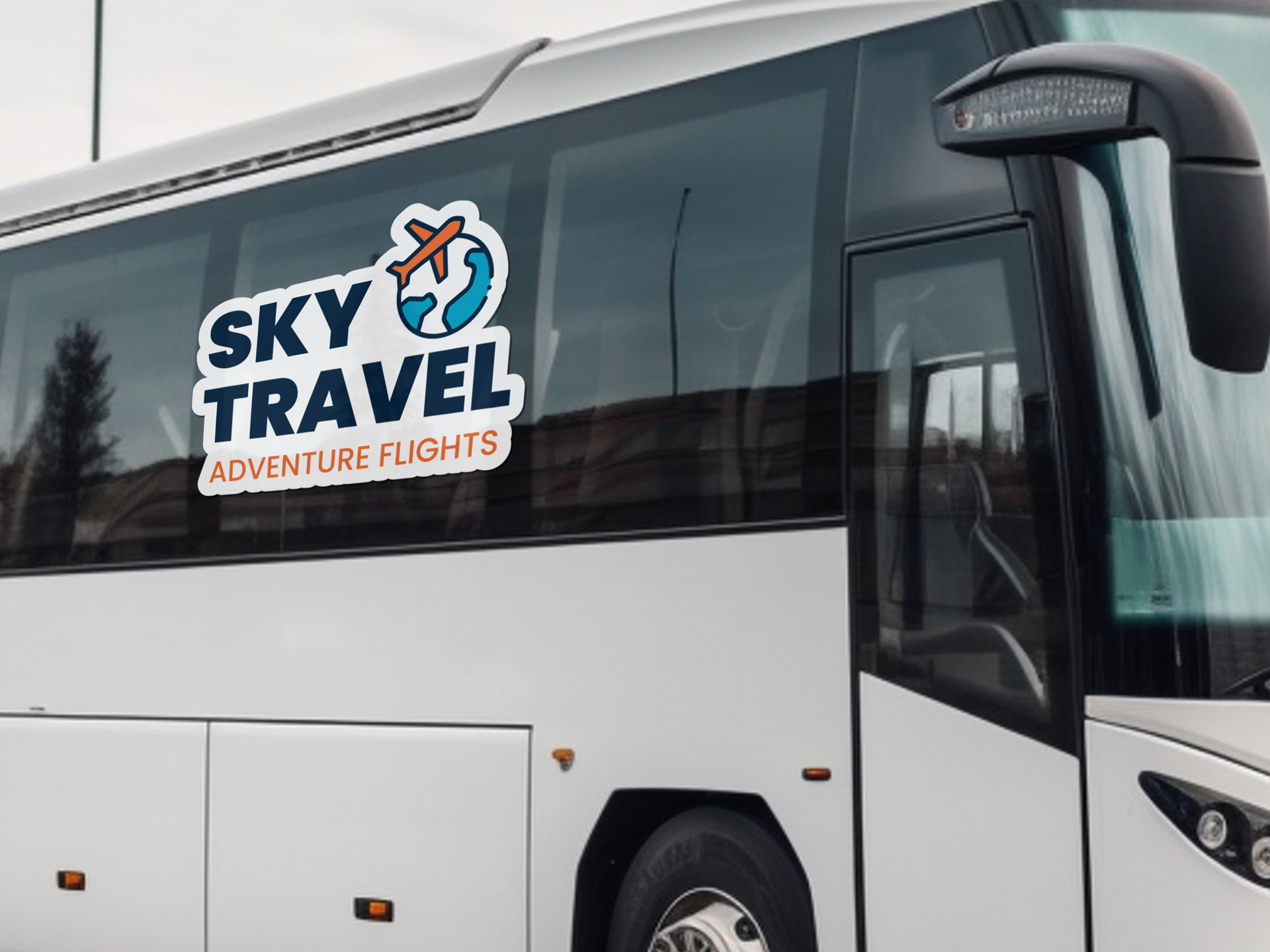 Side window graphic for a bus advertising a travel company.
