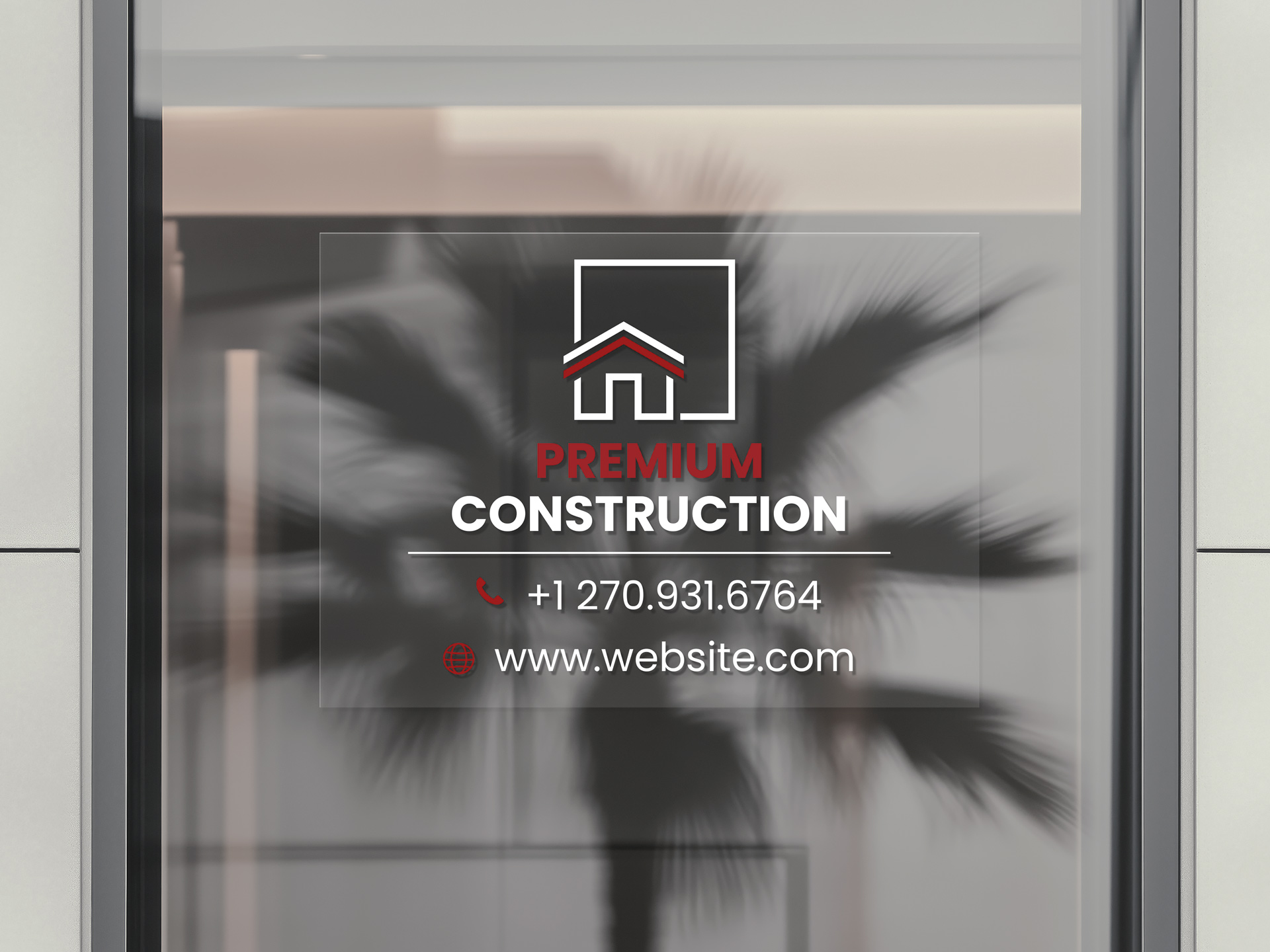 business window cling with branded elements and contact info