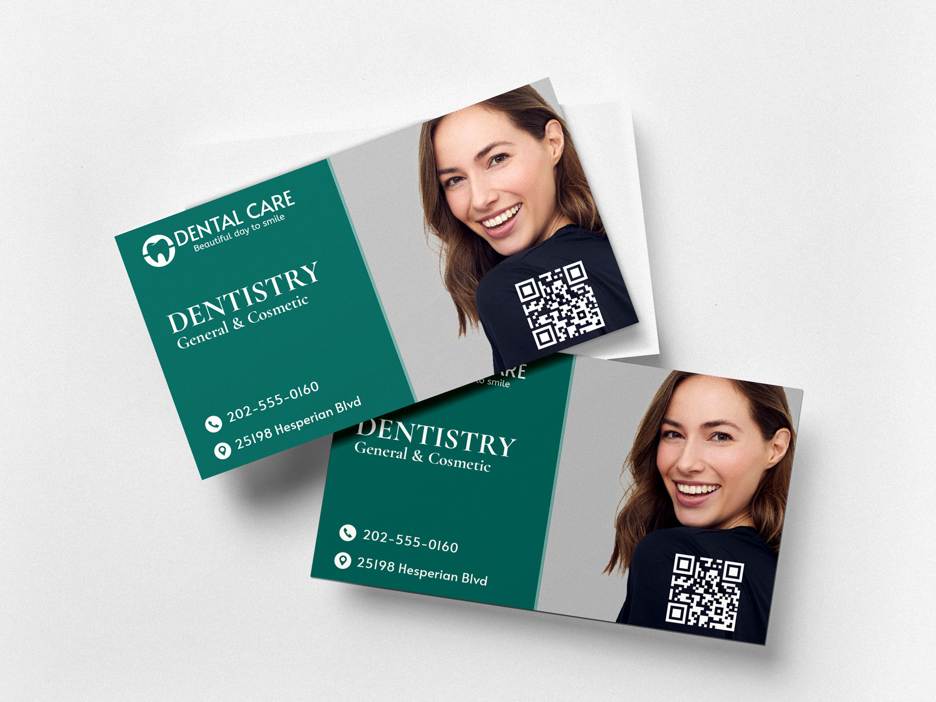 Dental clinic business cards featuring contact details, QR code, and cosmetic dentistry.