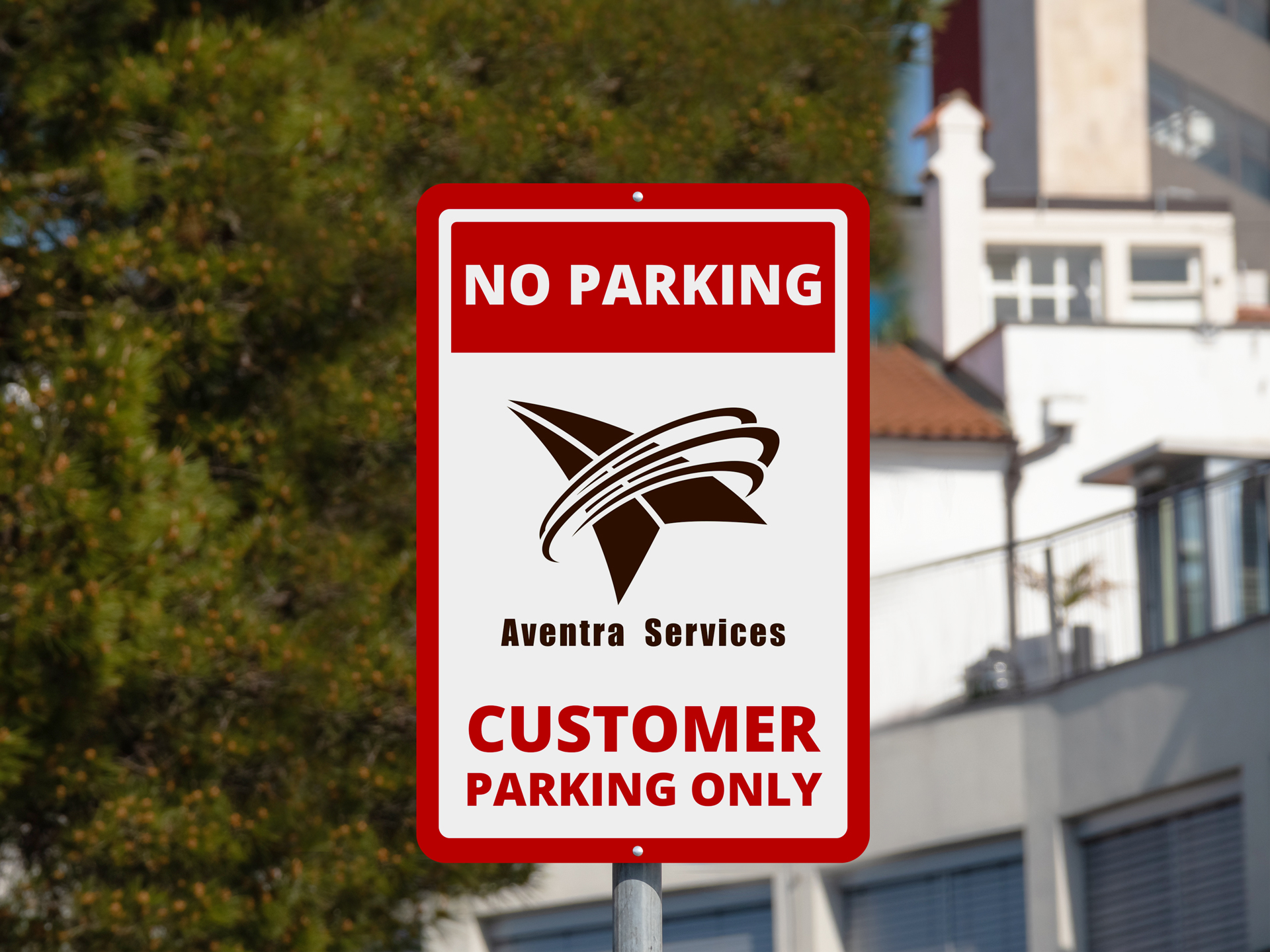 A red and white business center parking sign features the company's logo and a text that reads "Customer Parking Only"
