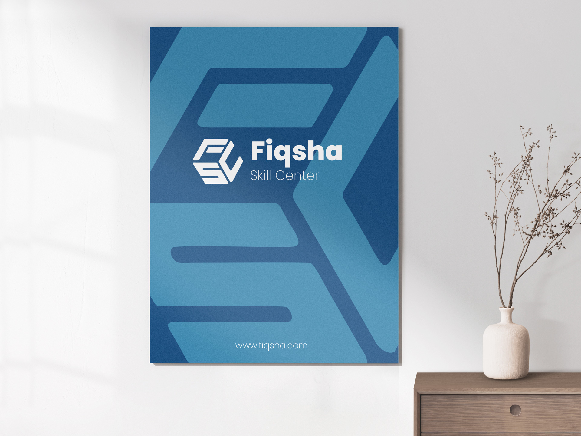 A wall-mounted self adhesive foam board sign features the company's logo and name against a blue background