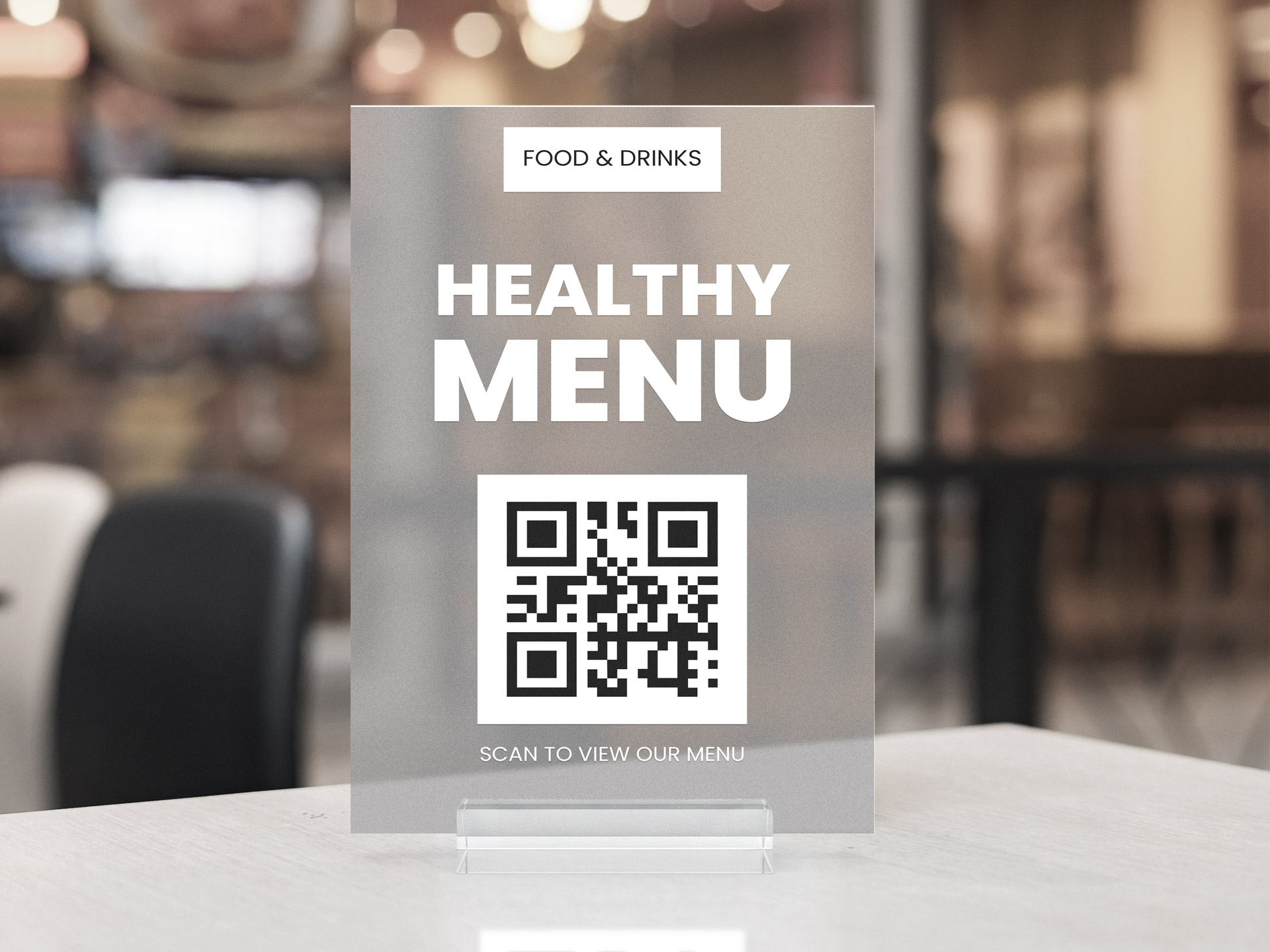 Healthy menu acrylic tabletop sign for cafes featuring a QR code.