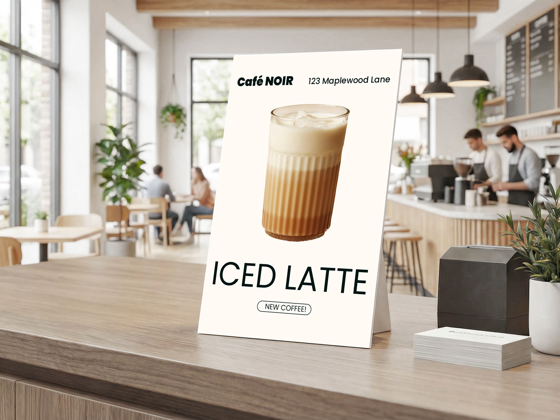 Café Noir table sign advertising new iced latte in modern coffee interior.