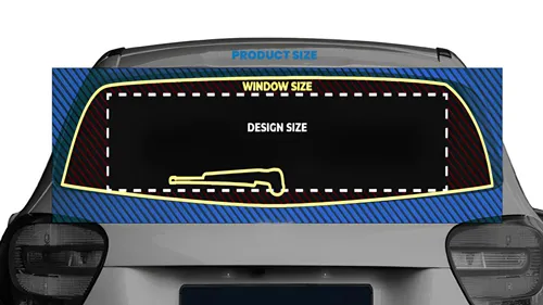 Size guide for fitting a custom car window decal on rear windshield.