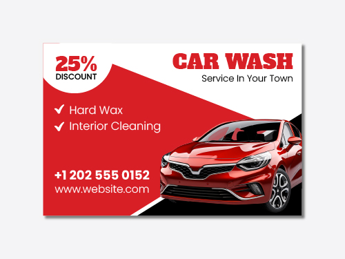 Red dibond sign for car wash service, displaying contact details and an image of a car.