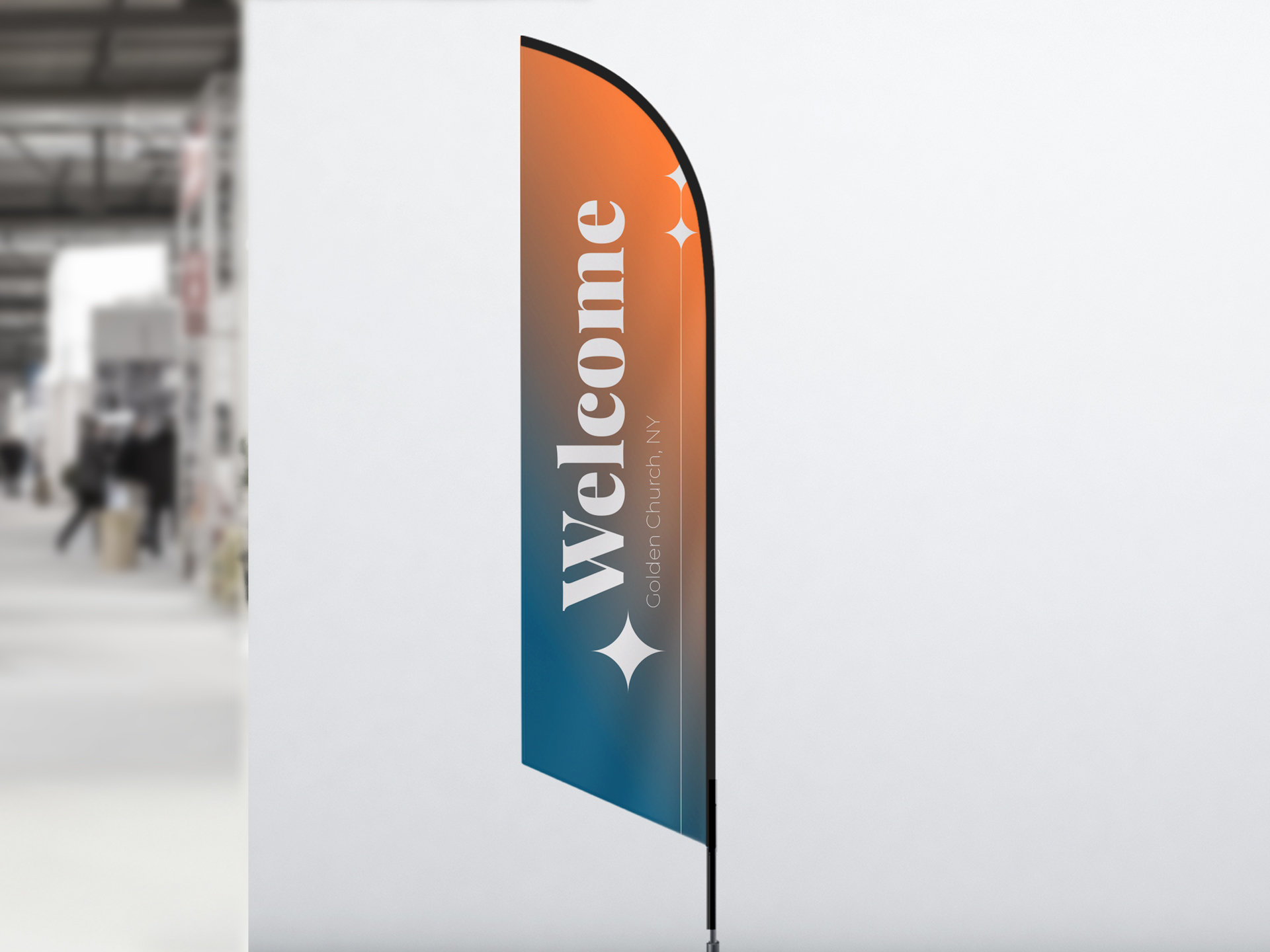 Church service Welcome feather flag displaying decorative religious design elements.