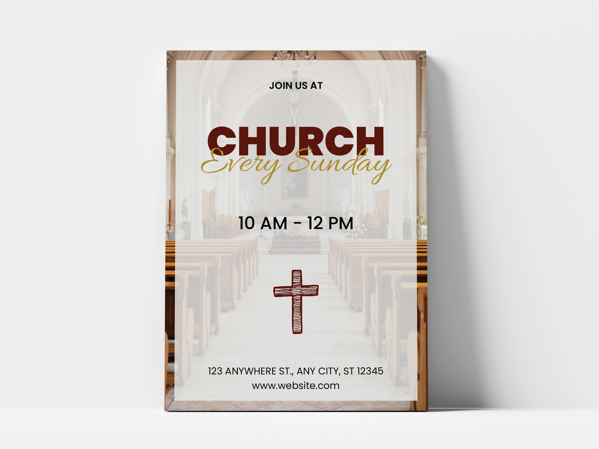 An elegant church foam board sign reading Church Every Sunday.