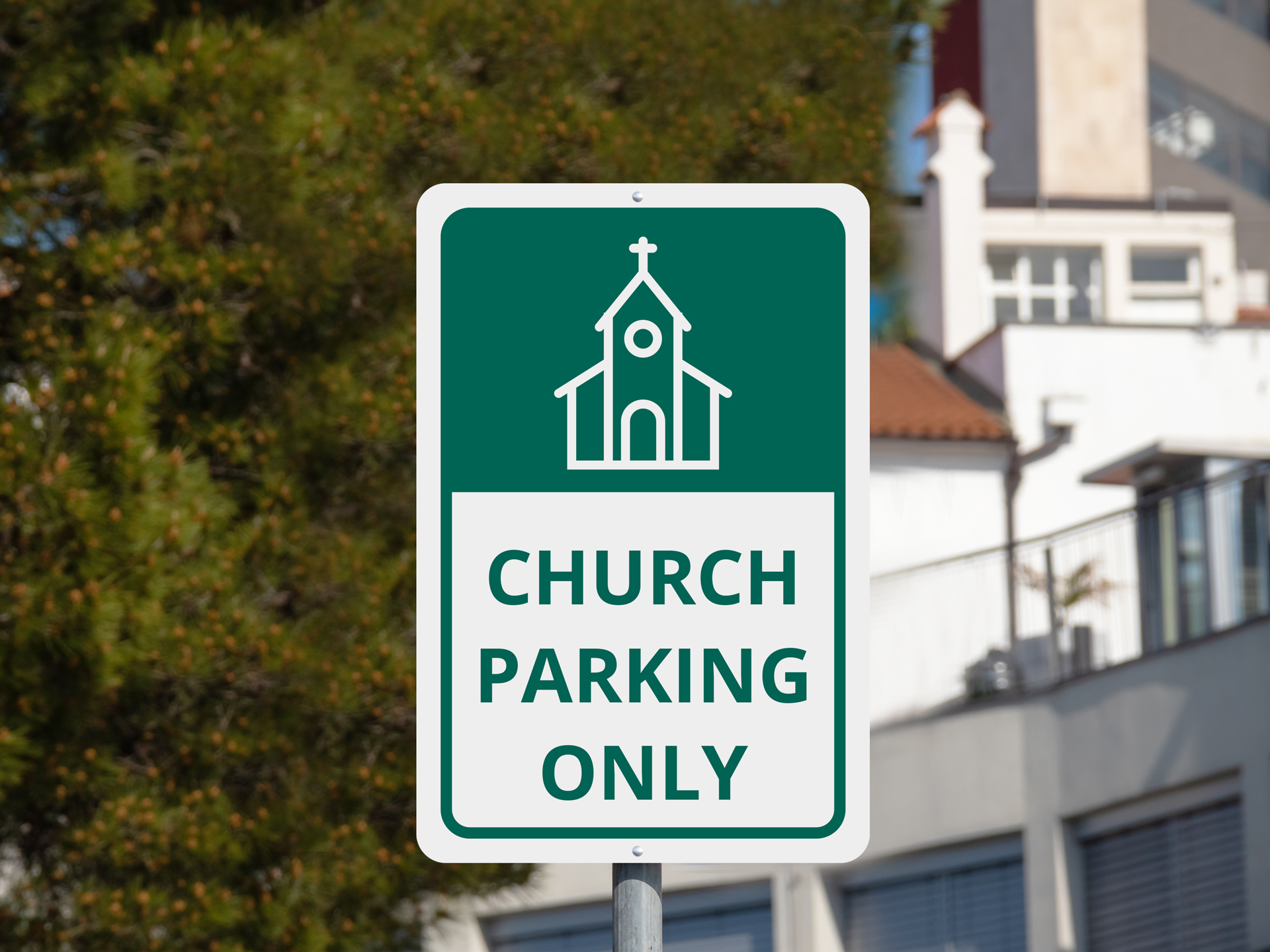 Church Parking Only sign featuring a church symbol.