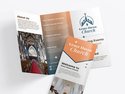 Church sign displaying About Us and Services with church-themed visuals