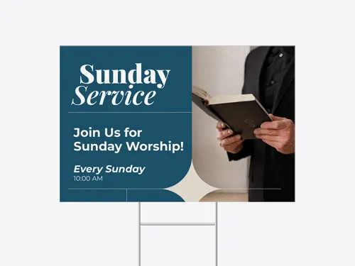 Blue church sign displaying Sunday Service announcement with worship dates