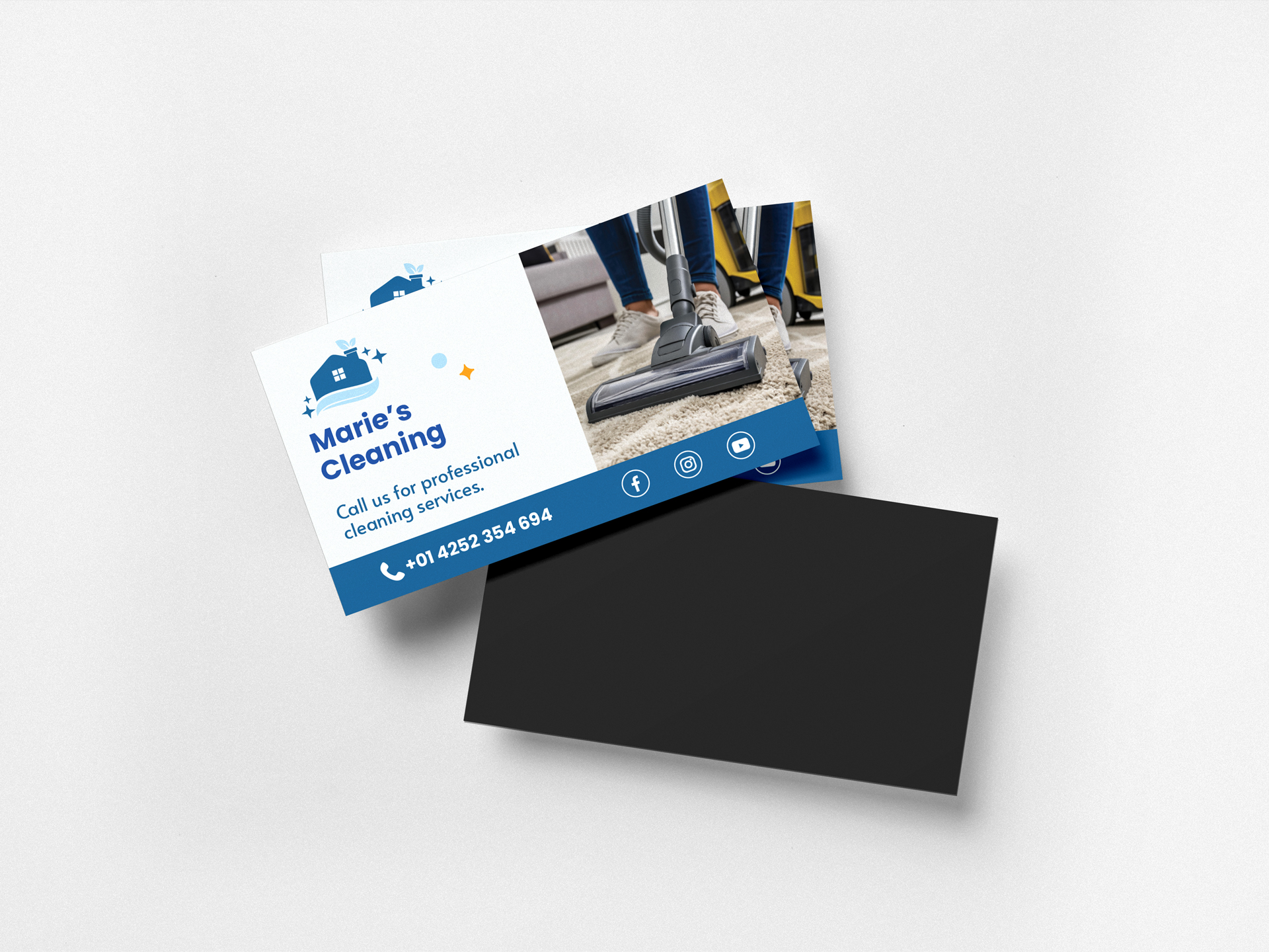 A dack of magnetic business cards reading "Marie's Cleaning," phone number, and other contact information.