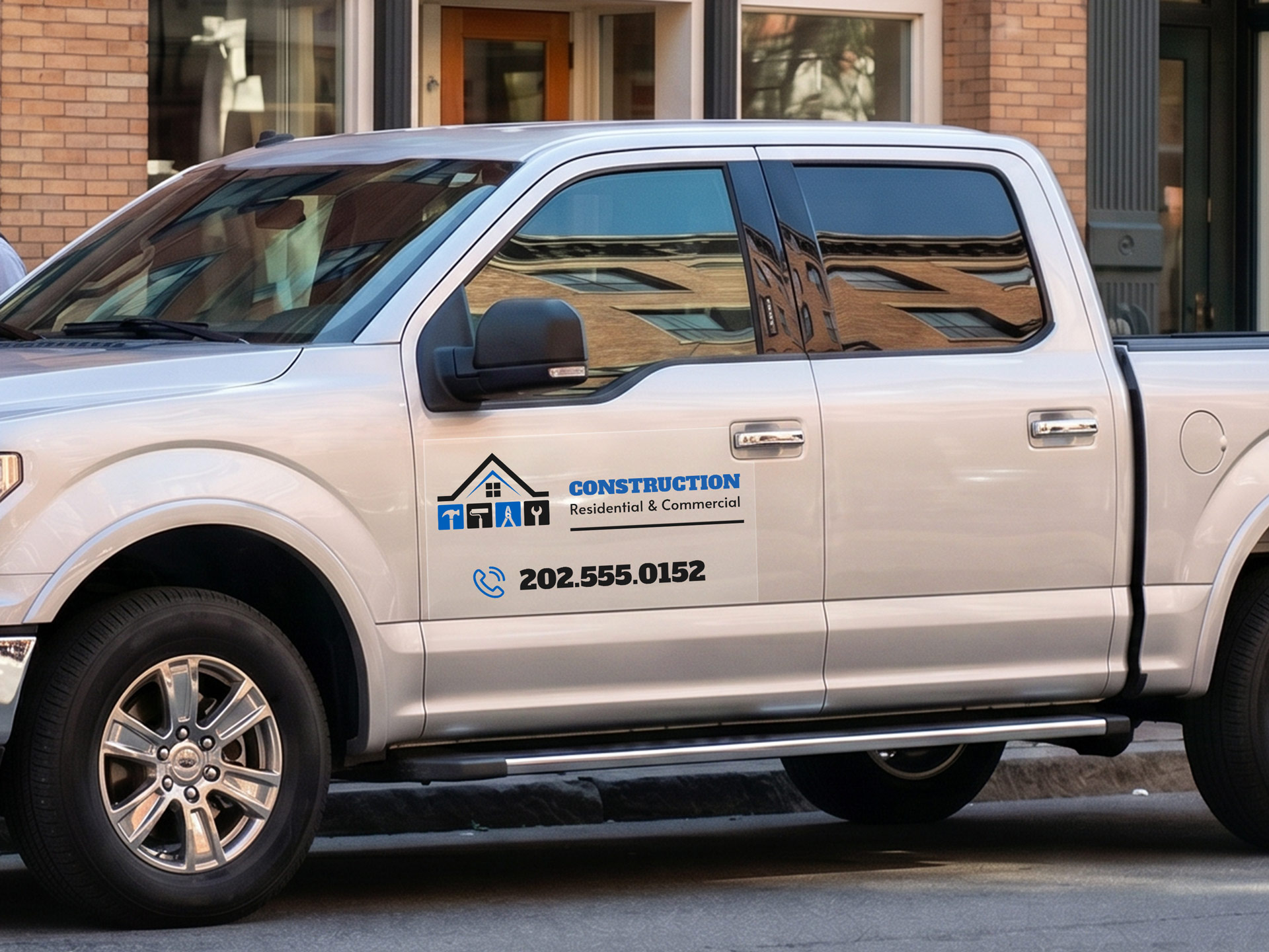 Construction services clear car decal with logo and contacts